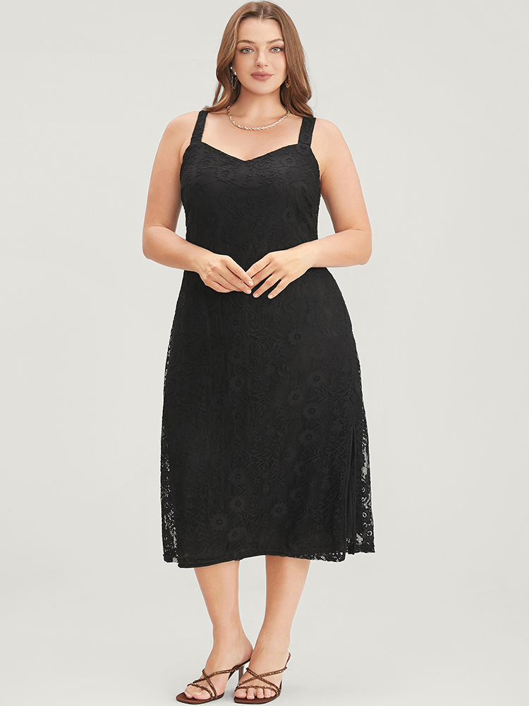 Plus Size Solid Crochet Lace Split Hem Cami Dress Black Women Glamour Spaghetti Strap Sleeveless Curvy Midi Dress BloomChic 14-16/1X 