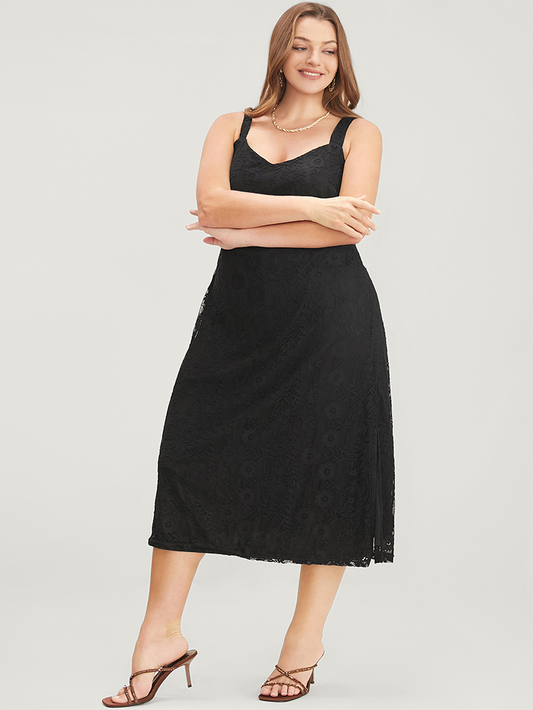 Plus Size Solid Crochet Lace Split Hem Cami Dress Black Women Glamour Spaghetti Strap Sleeveless Curvy Midi Dress BloomChic 14-16/1X 