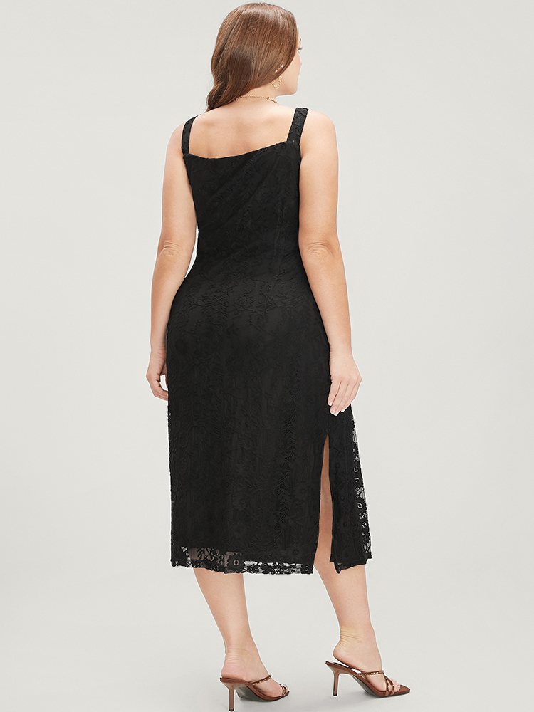Plus Size Solid Crochet Lace Split Hem Cami Dress Black Women Glamour Spaghetti Strap Sleeveless Curvy Midi Dress BloomChic 14-16/1X 