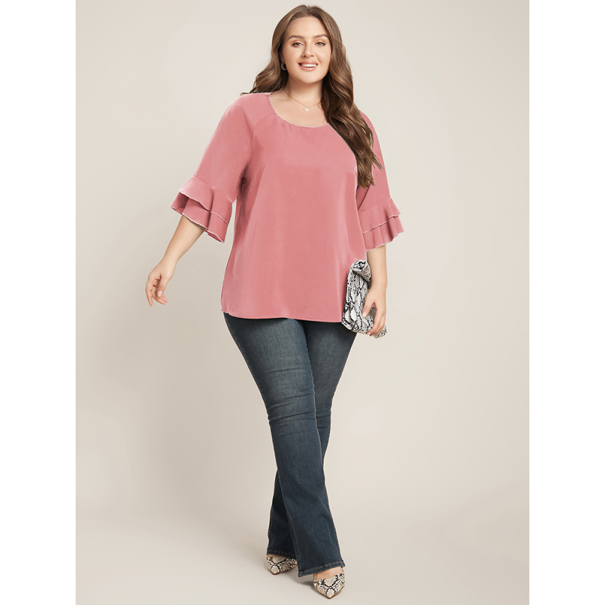 

Plus Size DustyPink Plain Ruffle Tiered Round Neck Blouse Women Work From Home Elbow-length sleeve Round Neck Work Blouses BloomChic