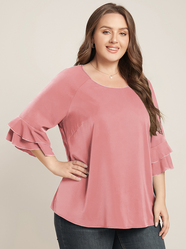 

Plus Size DustyPink Plain Ruffle Tiered Round Neck Blouse Women Work From Home Elbow-length sleeve Round Neck Work Blouses BloomChic
