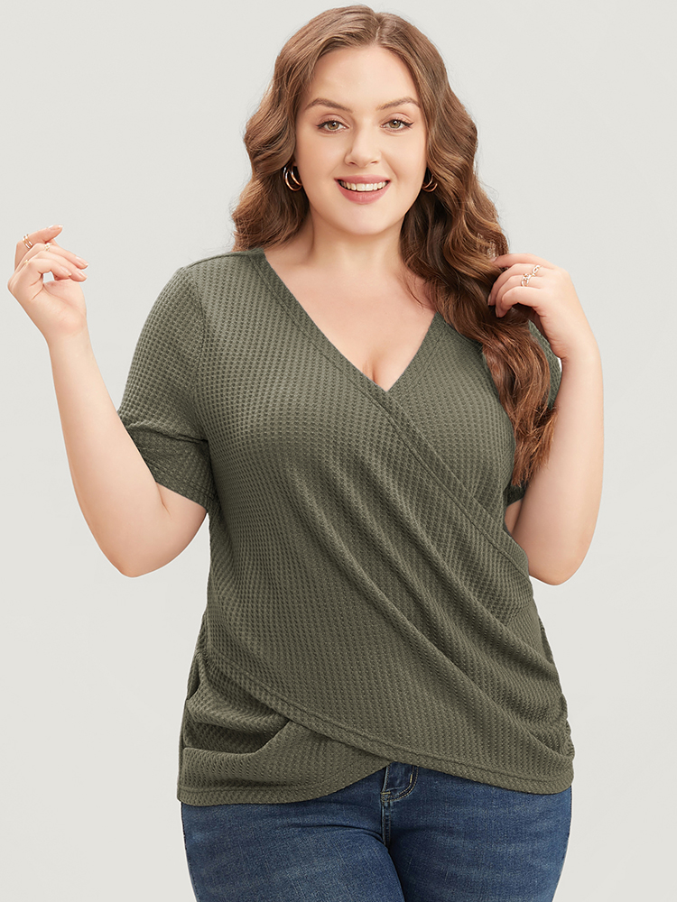 

Plus Size Plain Crossover Hem Waffle Knit Tee Sage V-neck Short sleeve Elegant Jersey Tops