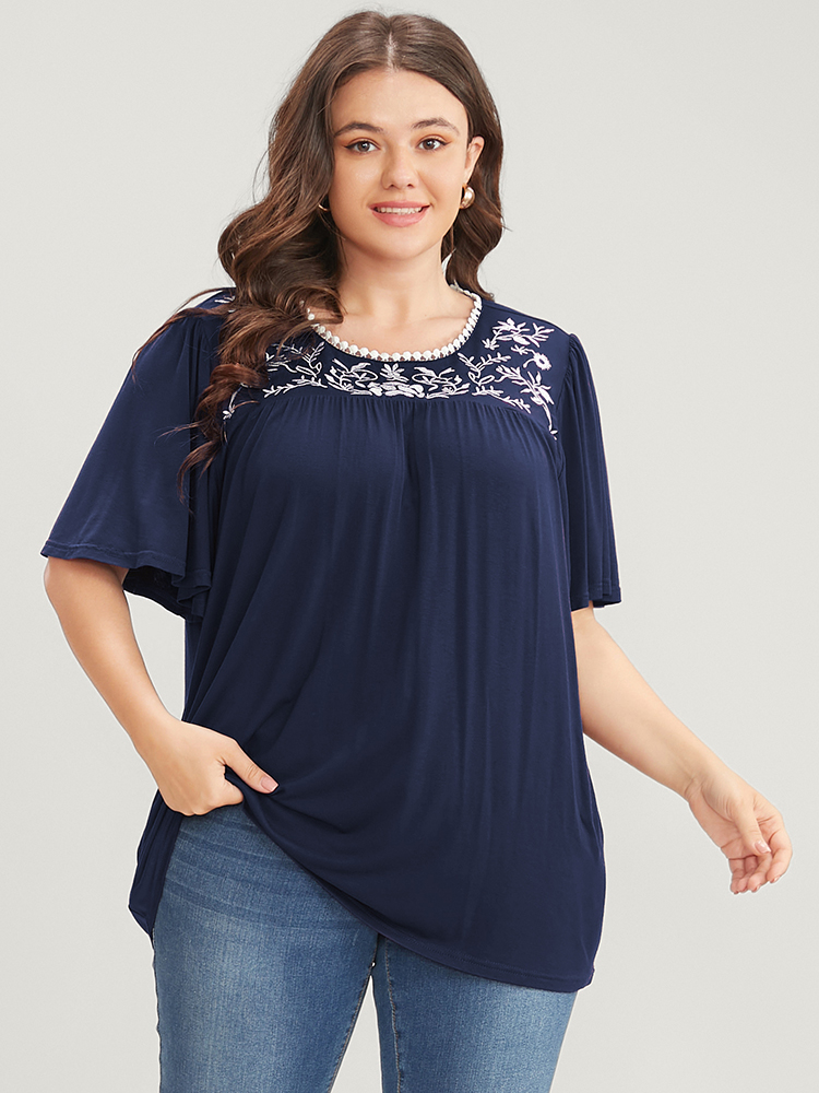 

Plus Size Floral Embroidered Ruffle Sleeve Keyhole Round Neck T-shirt Midnight Round Neck Short sleeve Elegant Jersey Tops