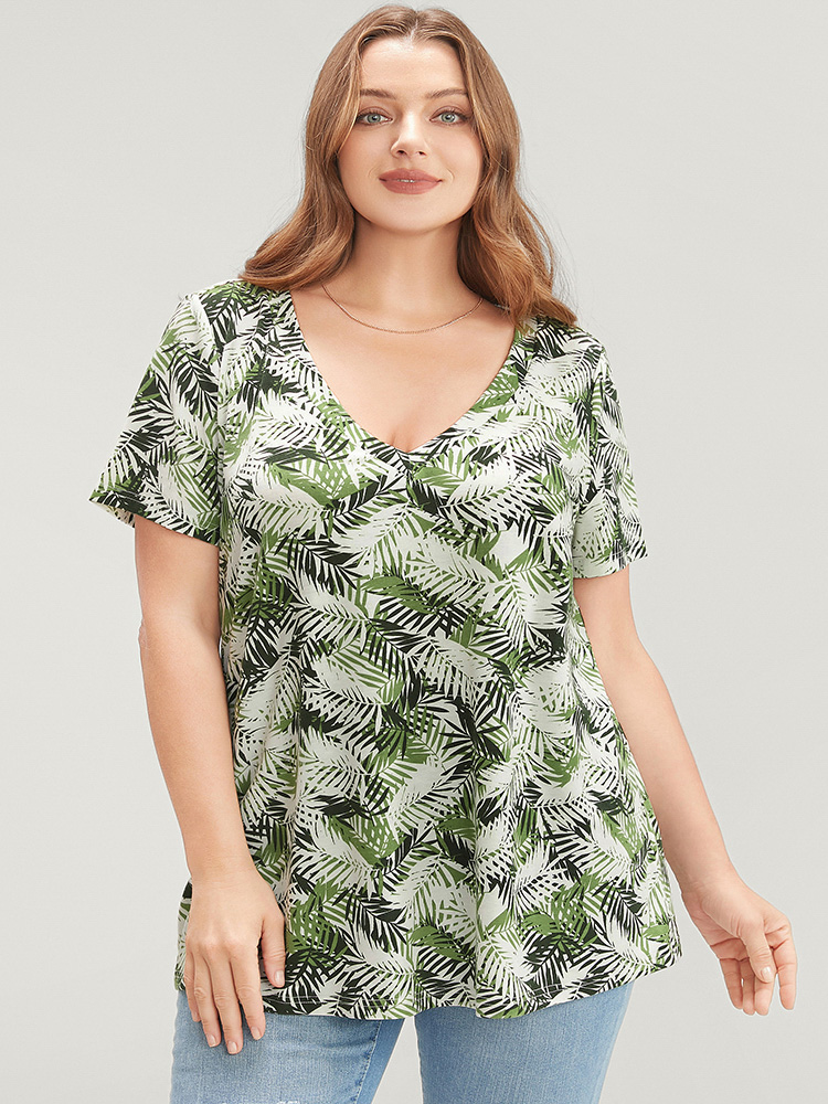 

Plus Size Tropical Print V Neck Contrast T-shirt Moss Women Vacation Tropical V-neck Dailywear T-shirts BloomChic