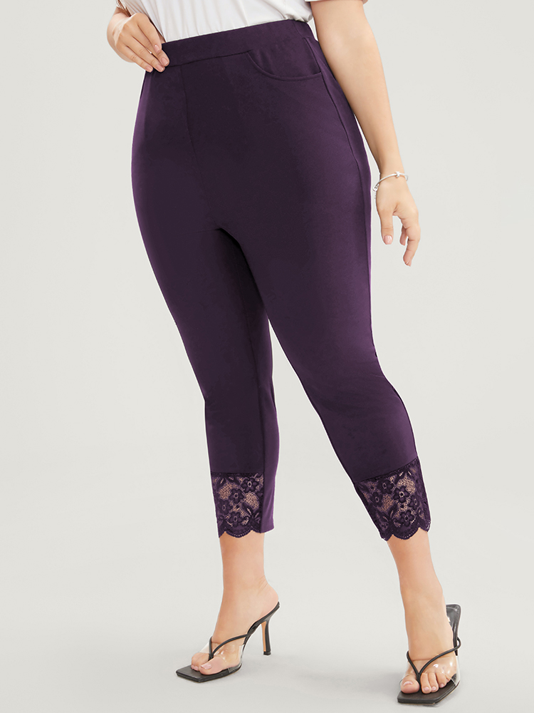 

Plus Size Solid Scalloped Trim Elastic Waist Pocket Lace Hem Pants Women Eggplant Elegant Bodycon High Rise Everyday Pants BloomChic