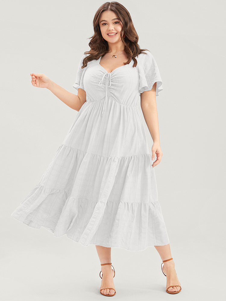 

Plus Size Plain Ruched Drawstring Pocket Ruffle Tiered Dress White Women Elegant Non V-neck Short sleeve Curvy Midi Dress BloomChic