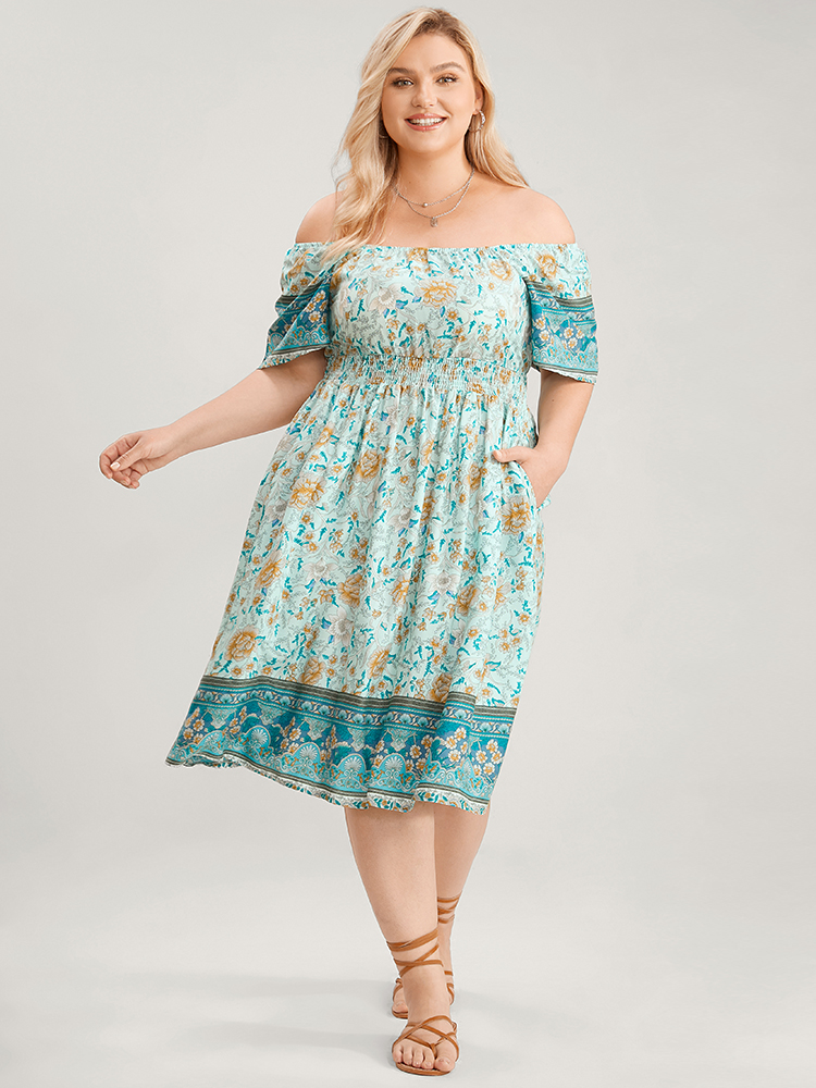 Plus Size Women Dailywear Bohemian Print Pocket Raglan sleeve Short sleeve Square Neck Pocket Vacation Dresses BloomChic 