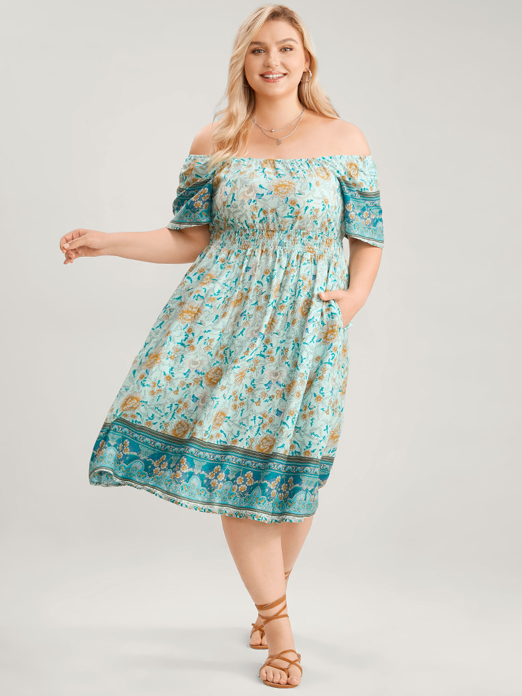 Plus Size Women Dailywear Bohemian Print Pocket Raglan sleeve Short sleeve Square Neck Pocket Vacation Dresses BloomChic 