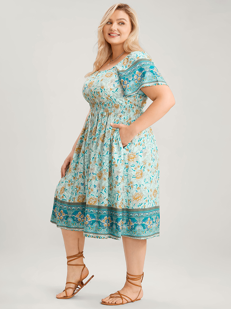 Plus Size Women Dailywear Bohemian Print Pocket Raglan sleeve Short sleeve Square Neck Pocket Vacation Dresses BloomChic 
