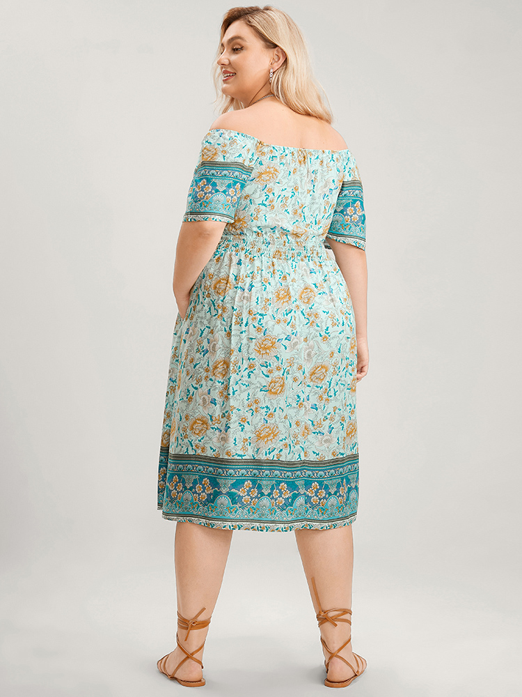 Plus Size Women Dailywear Bohemian Print Pocket Raglan sleeve Short sleeve Square Neck Pocket Vacation Dresses BloomChic 