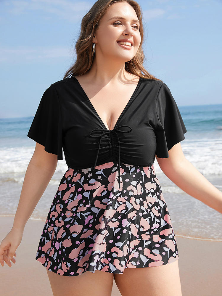 Floral Patchwork Drawstring Ruffle Sleeve Tankini Top BloomChic 