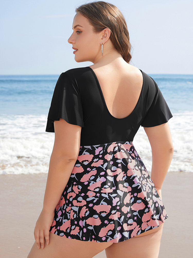 Floral Patchwork Drawstring Ruffle Sleeve Tankini Top BloomChic 
