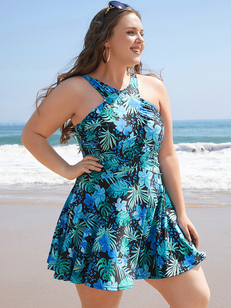 

Plus Size Tropical Print Sculpt Waist Ruffles Halter Swim Dress Women's Swimwear Teal Vacation Bodycon Halter neck High stretch Curve Swim Dresses BloomChic