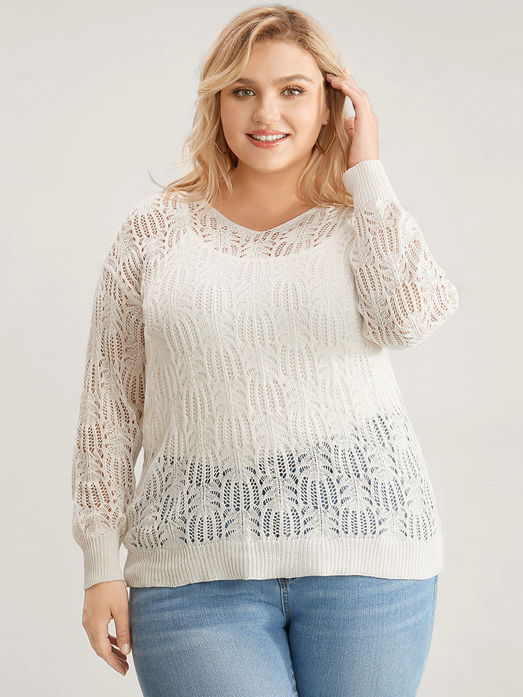 

Plus Size Plain Ice Rayon Yarn V Neck Geometric Eyelet Knit Top Beige Women Casual Loose Long Sleeve V-neck Everyday Pullovers BloomChic