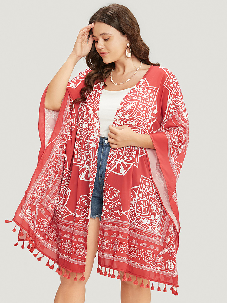 

Plus Size Bandana Print Tassels Hem Open Front Kimono Women Rust Vacation Printed Oversized Dailywear Kimonos BloomChic