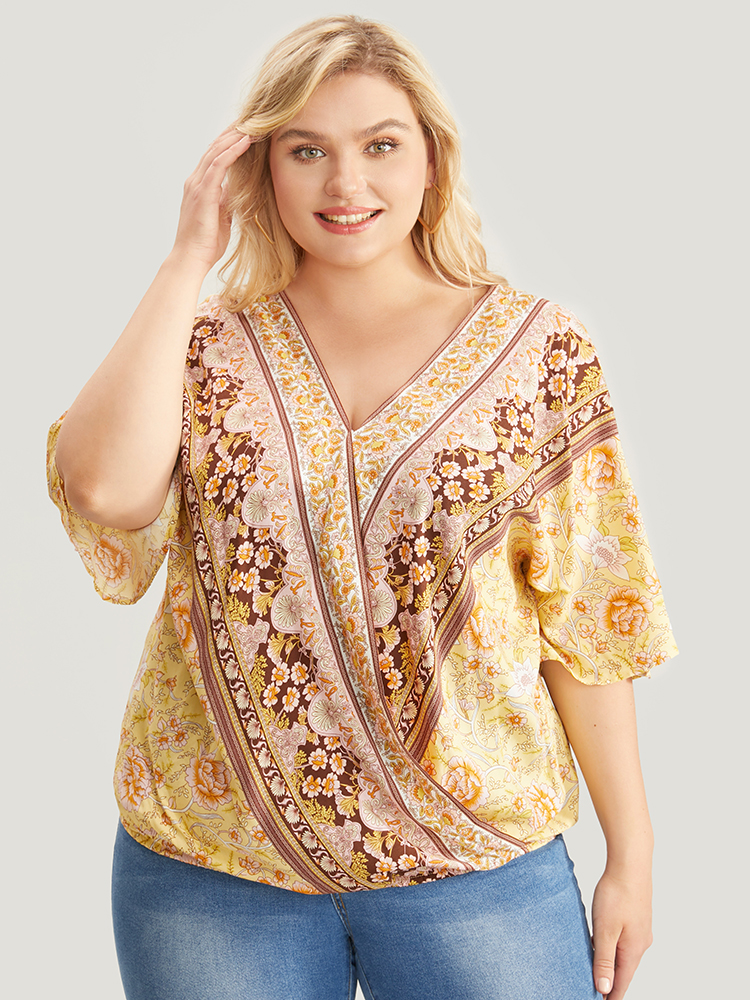 Plus Size Women Dailywear Bohemian Print Regular Sleeve Half Sleeve V-neck Vacation Blouses BloomChic 
