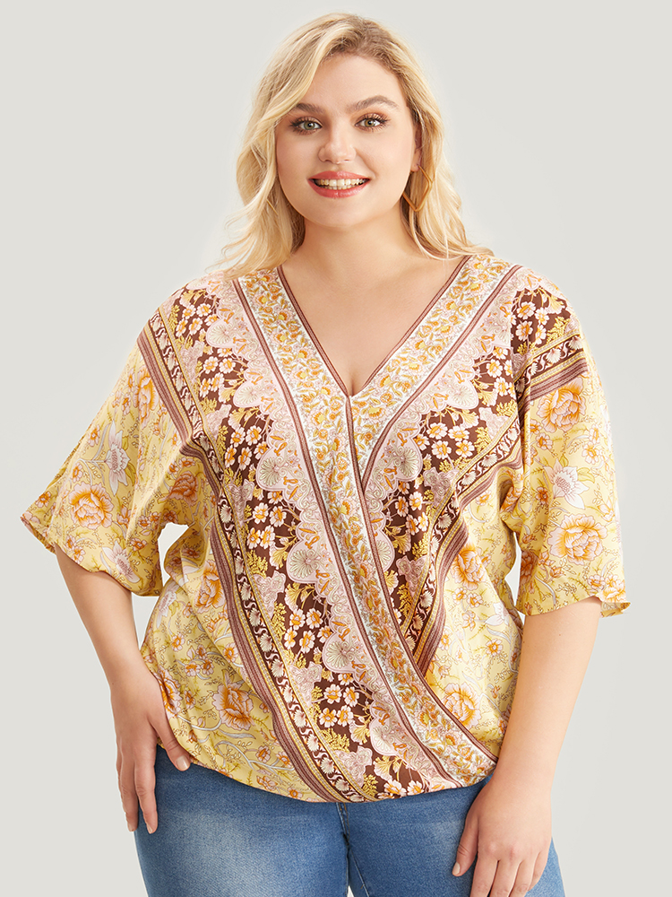 Plus Size Women Dailywear Bohemian Print Regular Sleeve Half Sleeve V-neck Vacation Blouses BloomChic 