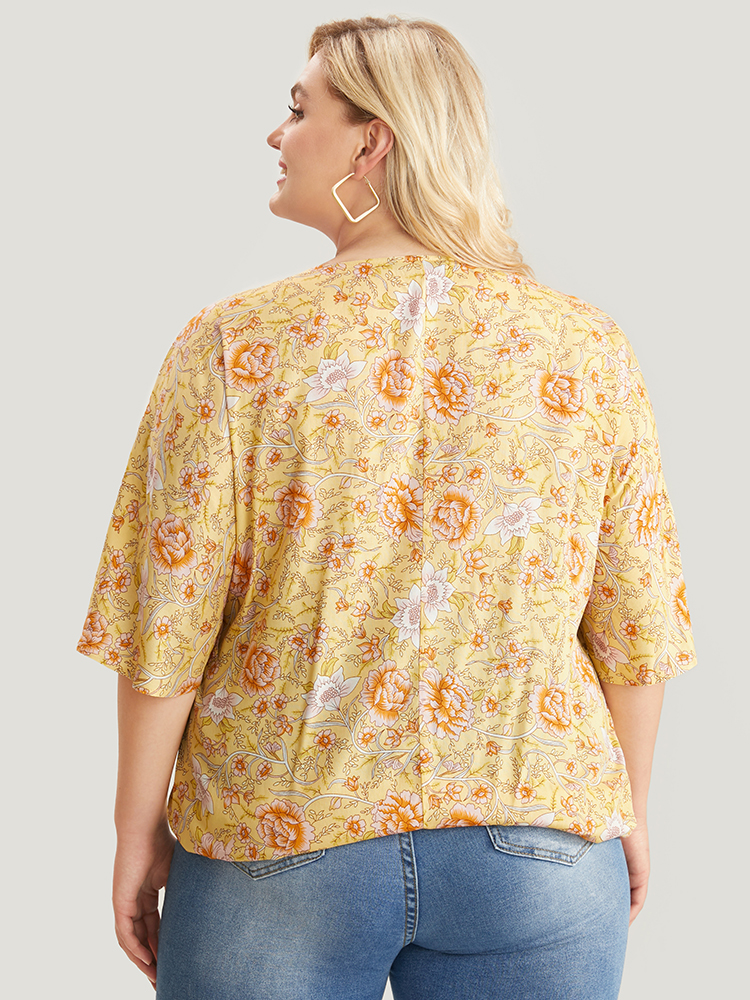 Plus Size Women Dailywear Bohemian Print Regular Sleeve Half Sleeve V-neck Vacation Blouses BloomChic 