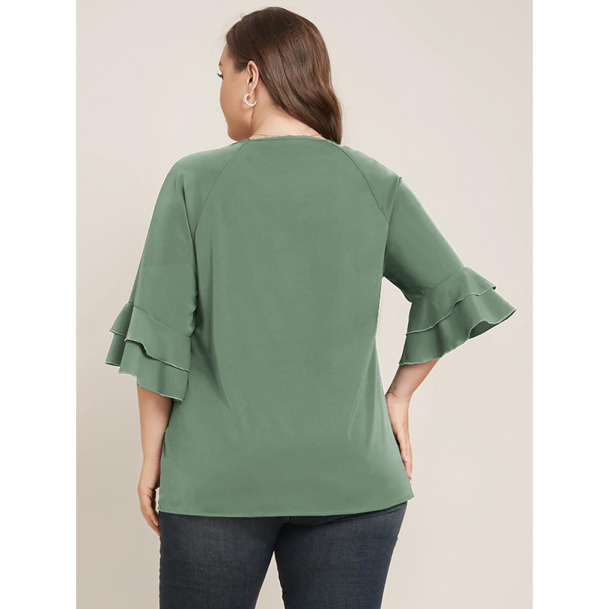 

Plus Size Mint Plain Ruffle Tiered Round Neck Blouse Women Work From Home Elbow-length sleeve Round Neck Work Blouses BloomChic