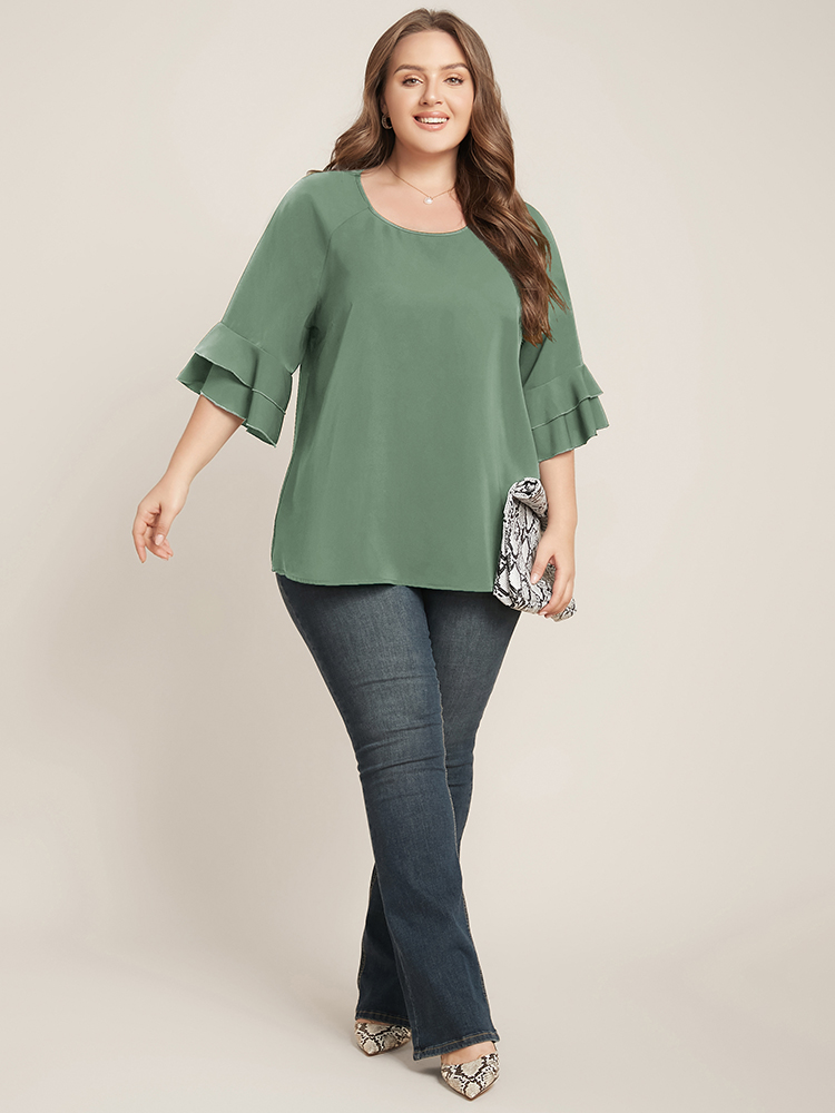 

Plus Size Mint Plain Ruffle Tiered Round Neck Blouse Women Work From Home Elbow-length sleeve Round Neck Work Blouses BloomChic