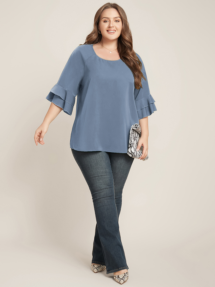 

Plus Size Stone Plain Ruffle Tiered Round Neck Blouse Women Work From Home Elbow-length sleeve Round Neck Work Blouses BloomChic