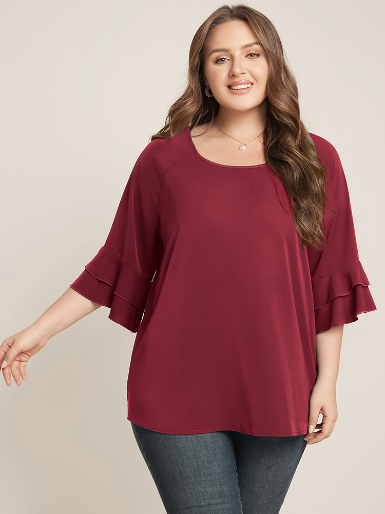 

Plus Size Scarlet Plain Ruffle Tiered Round Neck Blouse Women Work From Home Elbow-length sleeve Round Neck Work Blouses BloomChic