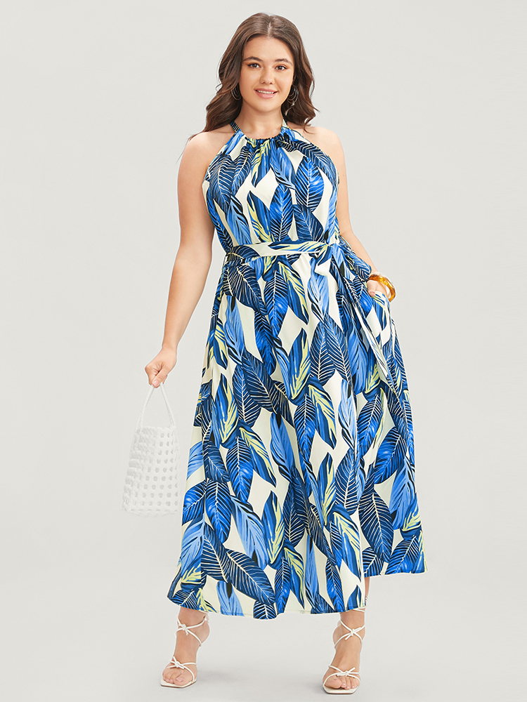 

Plus Size Tropical Print Knotted Pocket Ruffles Belted Halter Dress Cerulean Women Resort Non Halter neck Sleeveless Curvy Midi Dress BloomChic