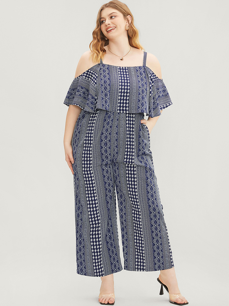 Plus Size Women Dailywear Striped Elastic Waist Regular Pocket Vacation Jumpsuits BloomChic 
