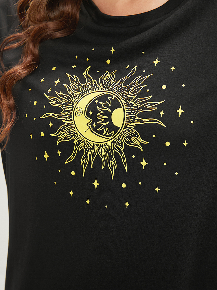 Plus Size Moon And Star Round Neck T-shirt DimGray Women Casual Printed Star and moon Dailywear T-shirts BloomChic 28/5X 