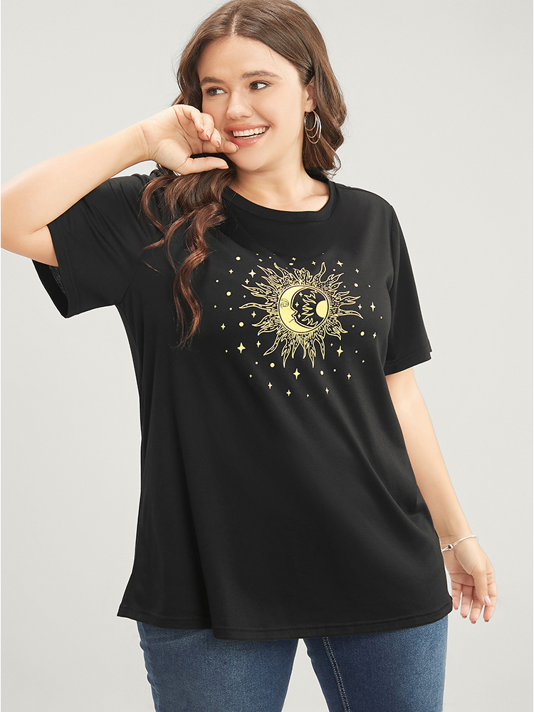Plus Size Moon And Star Round Neck T-shirt DimGray Women Casual Printed Star and moon Dailywear T-shirts BloomChic 28/5X 
