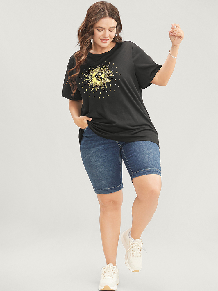 Plus Size Moon And Star Round Neck T-shirt DimGray Women Casual Printed Star and moon Dailywear T-shirts BloomChic 28/5X 