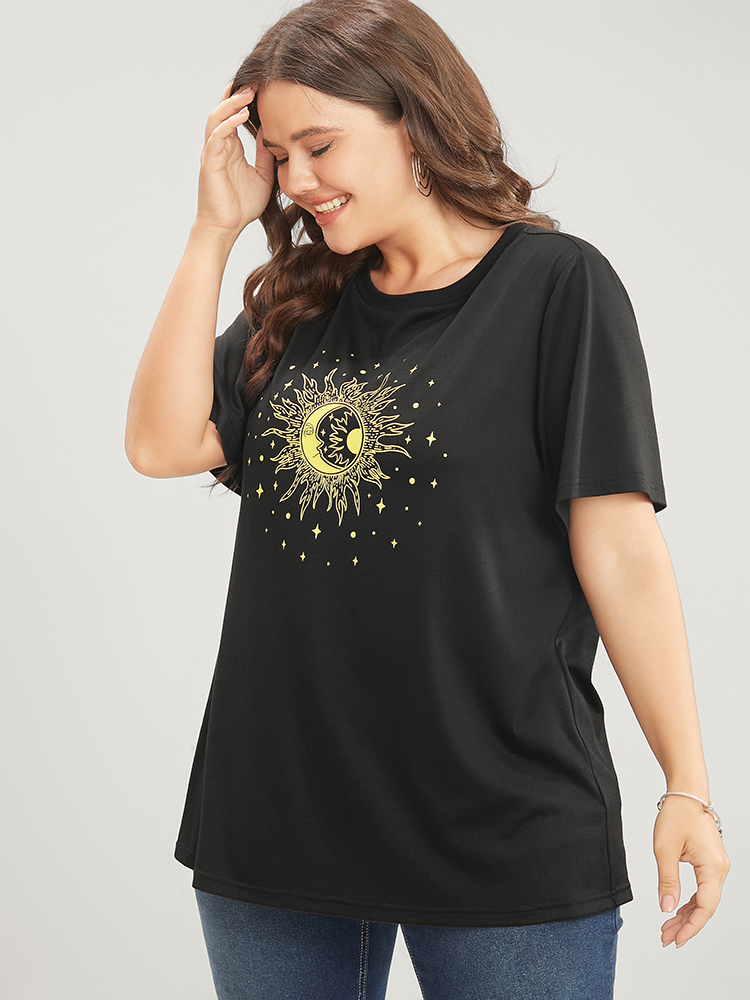 

Plus Size Moon And Star Round Neck T-shirt DimGray Women Casual Printed Star and moon Dailywear T-shirts BloomChic