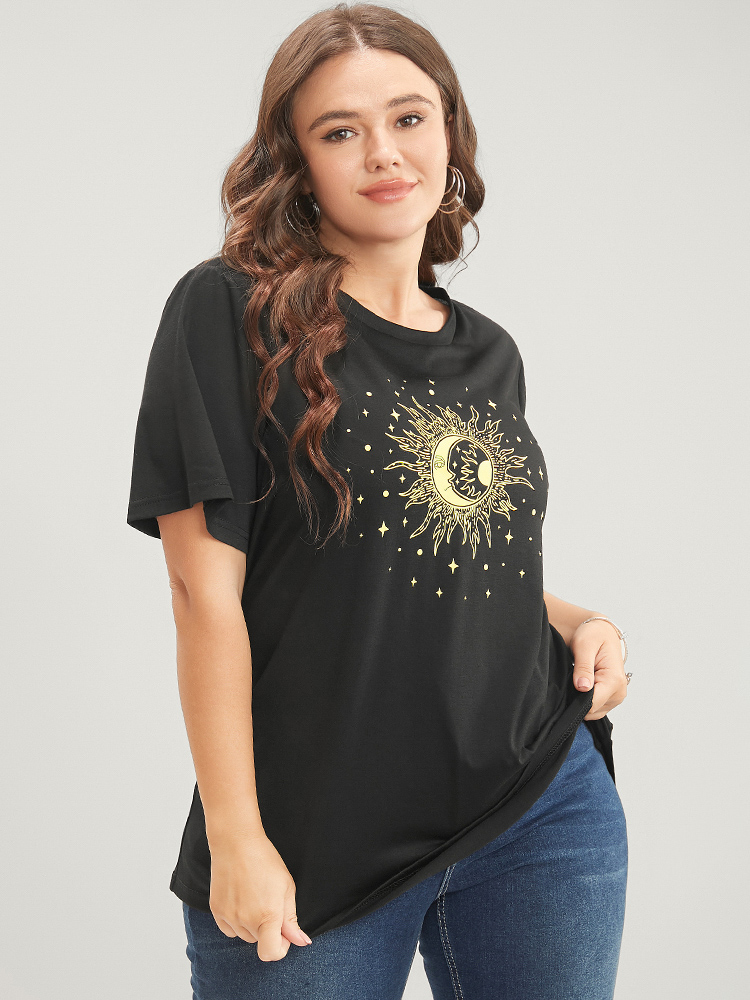 Plus Size Moon And Star Round Neck T-shirt DimGray Women Casual Printed Star and moon Dailywear T-shirts BloomChic 28/5X 