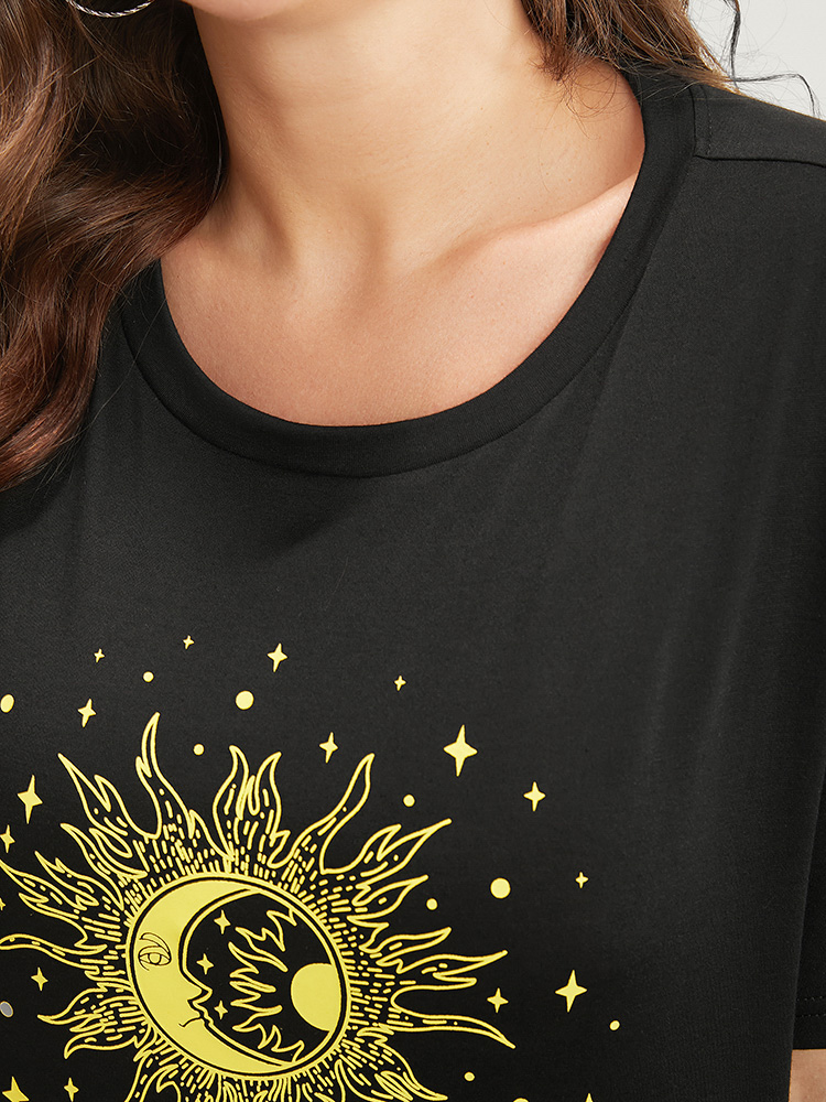 Plus Size Moon And Star Round Neck T-shirt DimGray Women Casual Printed Star and moon Dailywear T-shirts BloomChic 28/5X 