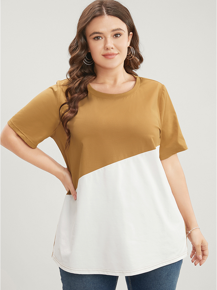 Plus Size Women Dailywear Colorblock Regular Sleeve Short sleeve Round Neck Casual T-shirts BloomChic 