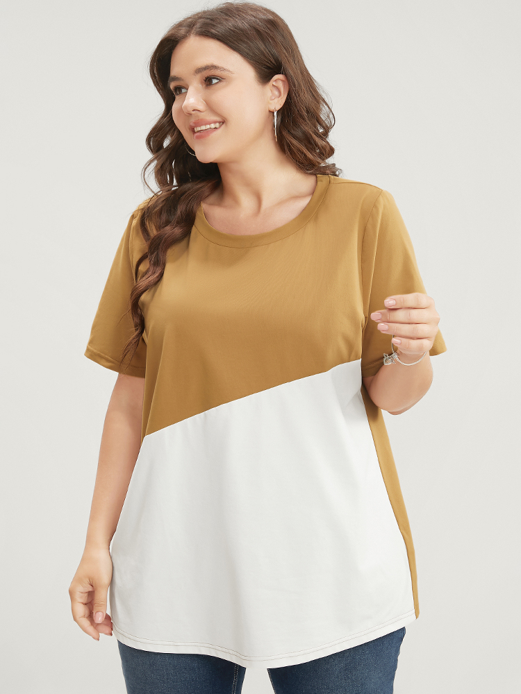 Plus Size Women Dailywear Colorblock Regular Sleeve Short sleeve Round Neck Casual T-shirts BloomChic 