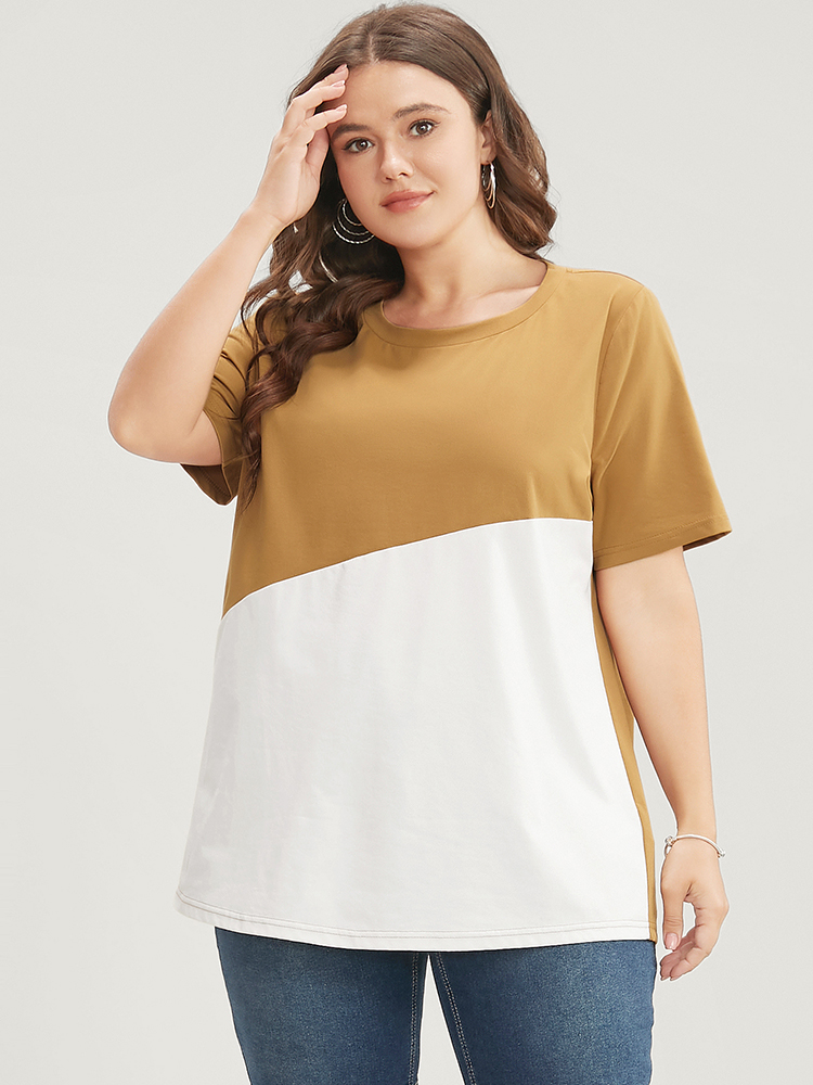 Plus Size Women Dailywear Colorblock Regular Sleeve Short sleeve Round Neck Casual T-shirts BloomChic 