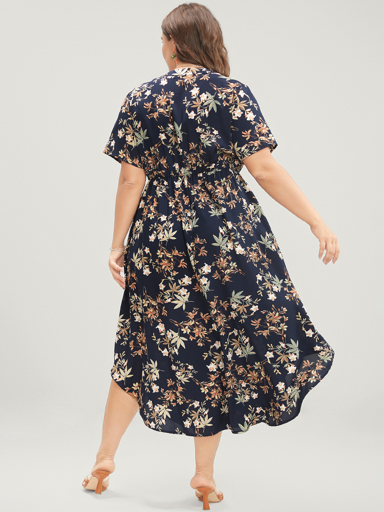 

Plus Size Floral Ruffles Half Zipper Pocket Arc Hem Dress DarkBlue Women Zipper V-neck Short sleeve Curvy Midi Dress BloomChic