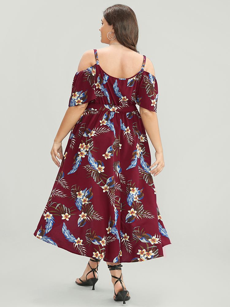 

Plus Size Floral Cold Shoulder Pocket Ruffle Belted High Low Hem Dress Red Women Vacation Adjustable Straps Cold Shoulder Short sleeve Curvy Midi Dress BloomChic