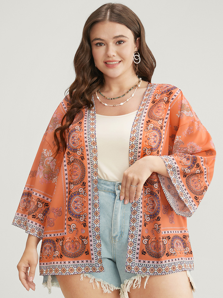 

Plus Size Bandana Print Open Front Kimono Women Multicolor Vacation See through Loose Dailywear Kimonos BloomChic