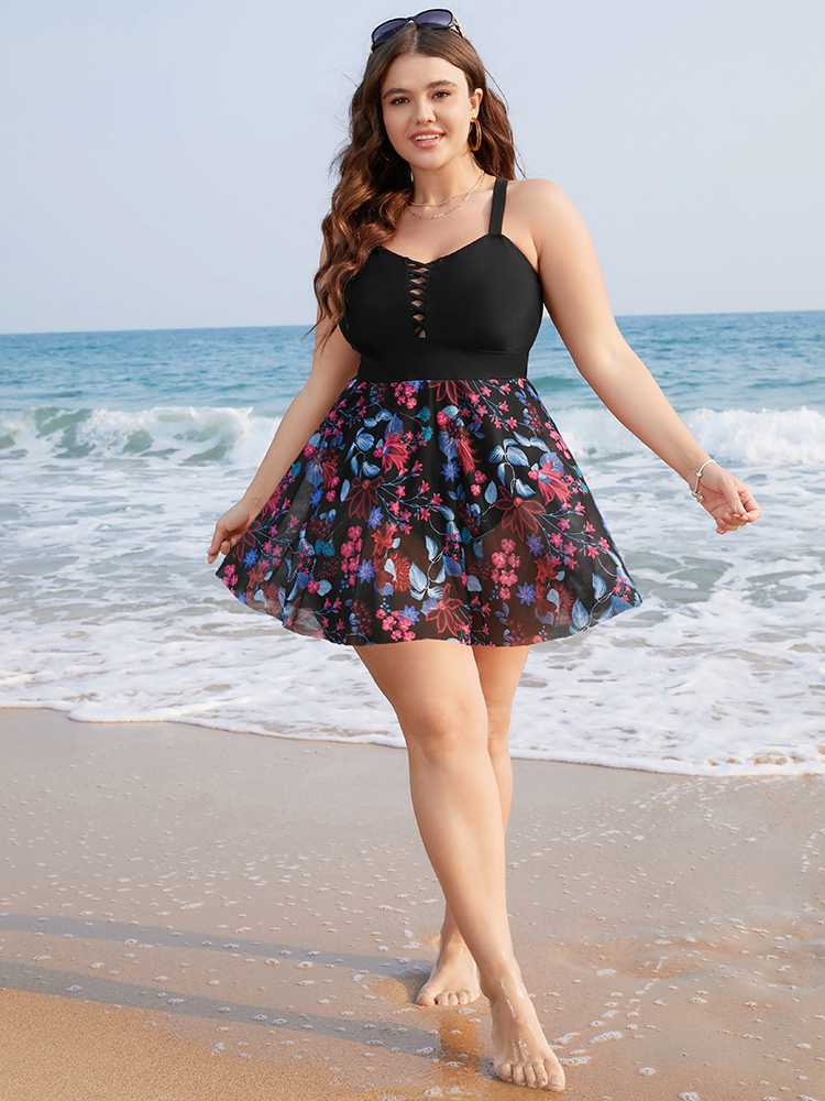 Floral Print Ruffles Crisscross Front Swim Dress BloomChic 