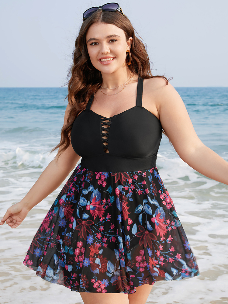 Floral Print Ruffles Crisscross Front Swim Dress BloomChic 