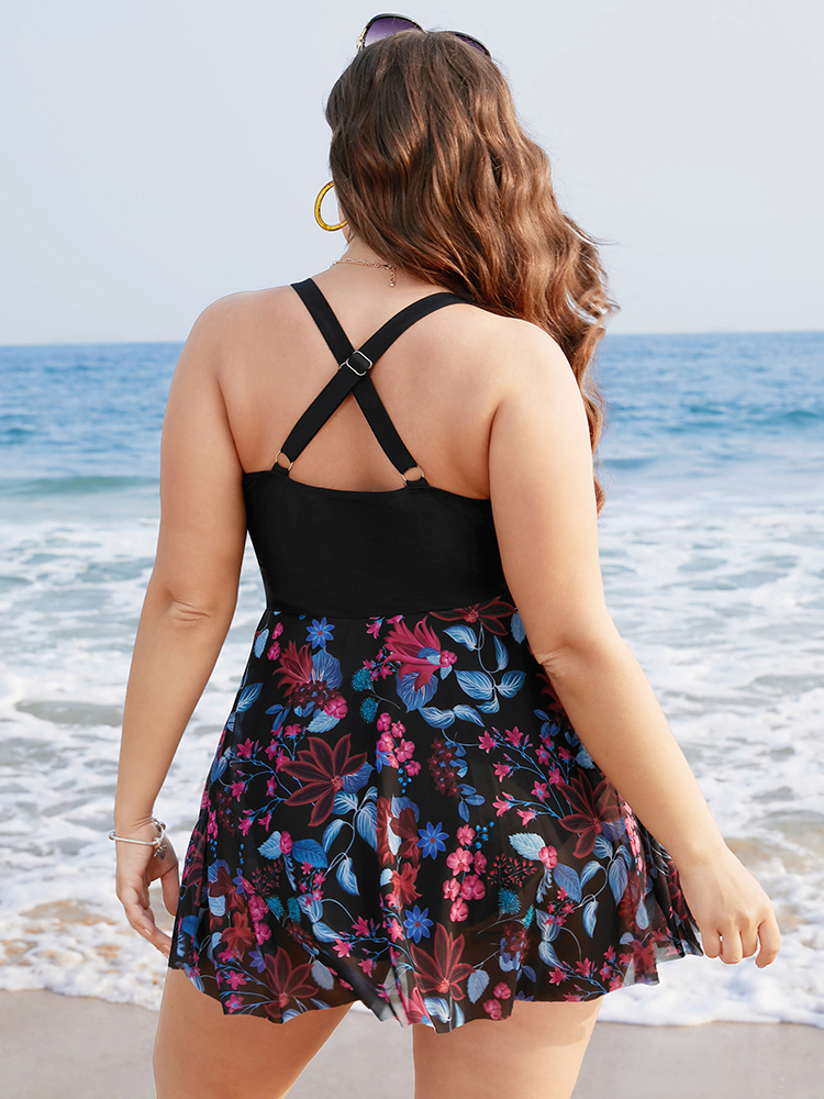 Floral Print Ruffles Crisscross Front Swim Dress BloomChic 