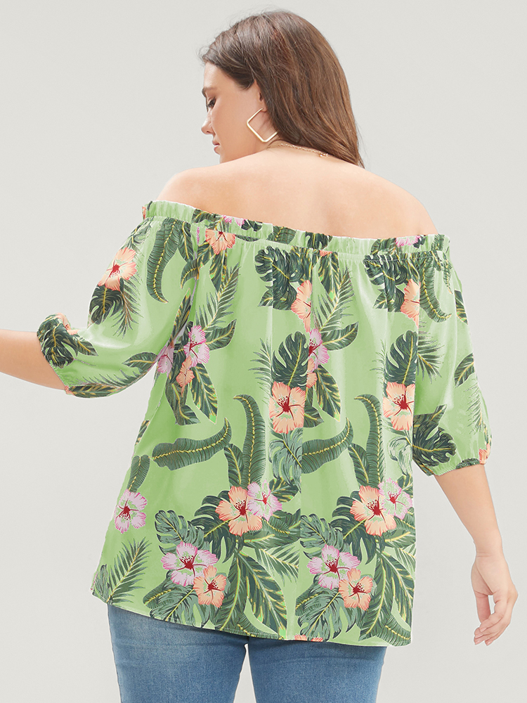 

Plus Size LightGreen Tropical Print Off Shoulder Lantern Sleeve Blouse Women Vacation Short sleeve One-shoulder neck Dailywear Blouses BloomChic