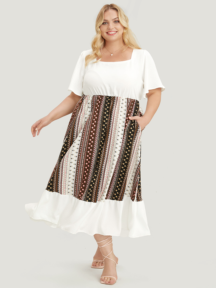 Plus Size Women Dailywear Bohemian Print Patchwork Ruffle Sleeve Short sleeve Square Neck Pocket Vacation Dresses BloomChic 