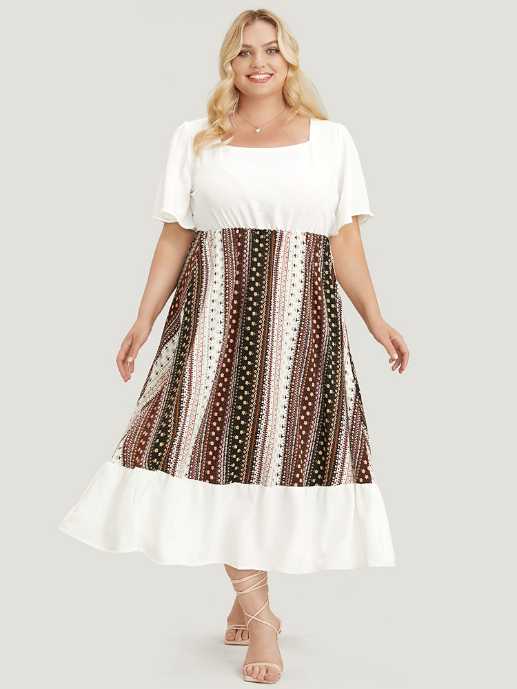Plus Size Women Dailywear Bohemian Print Patchwork Ruffle Sleeve Short sleeve Square Neck Pocket Vacation Dresses BloomChic 