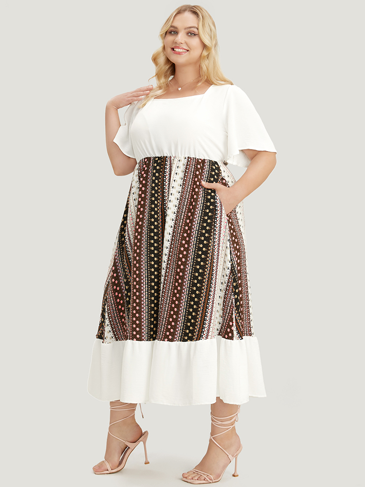 Plus Size Women Dailywear Bohemian Print Patchwork Ruffle Sleeve Short sleeve Square Neck Pocket Vacation Dresses BloomChic 