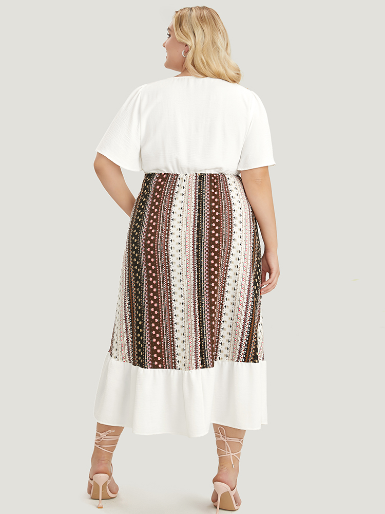 Plus Size Women Dailywear Bohemian Print Patchwork Ruffle Sleeve Short sleeve Square Neck Pocket Vacation Dresses BloomChic 