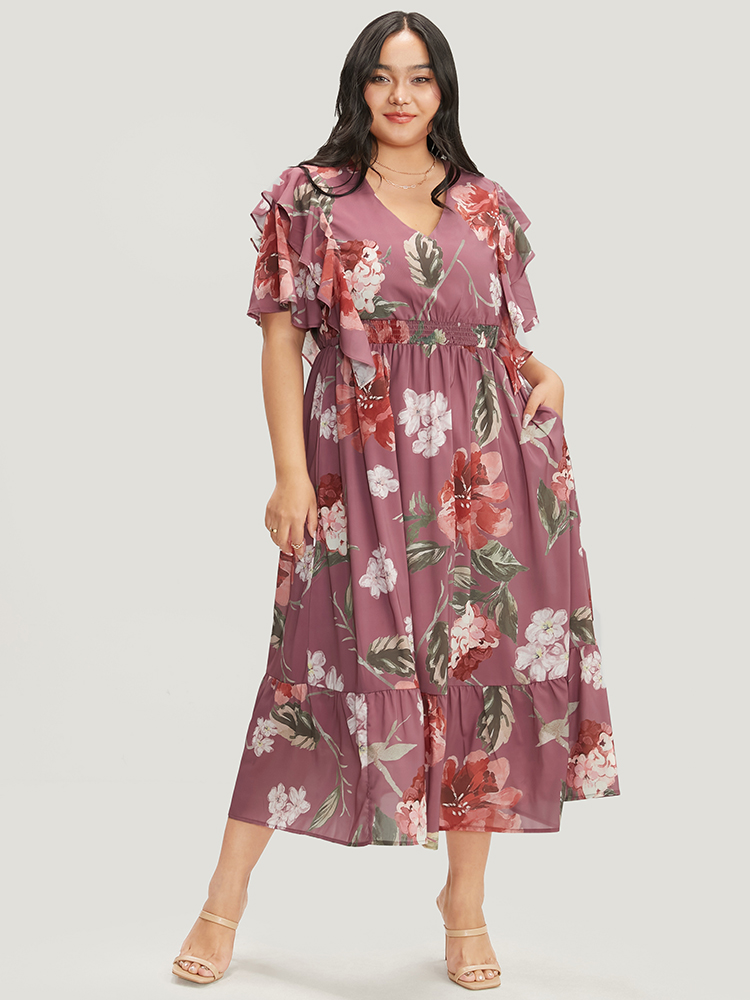 

Floral Wrap Plus Size Women Vacation Midi Dress Dailywear Pocket Ruffle Sleeve Short Sleeve V Neck Pocket Elegance Dresses BloomChic, Dustypink