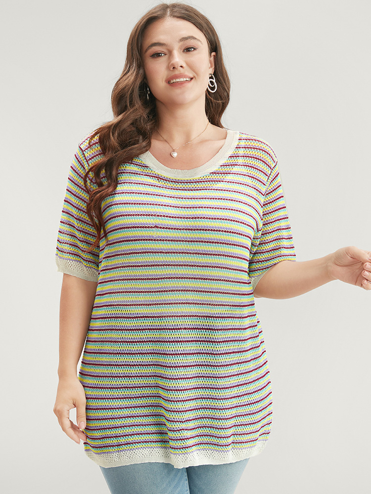 Plus Size Striped Contrast Round Neck Knit Top Multicolor Women Vacation Short sleeve Round Neck Dailywear Pullovers BloomChic 12/L 
